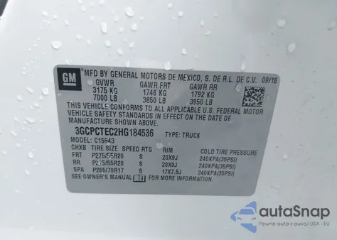 2017 Chevrolet Silverado 1500 High Country z USA, uszkodzony, nr VIN 3GCPCTEC2HG184536